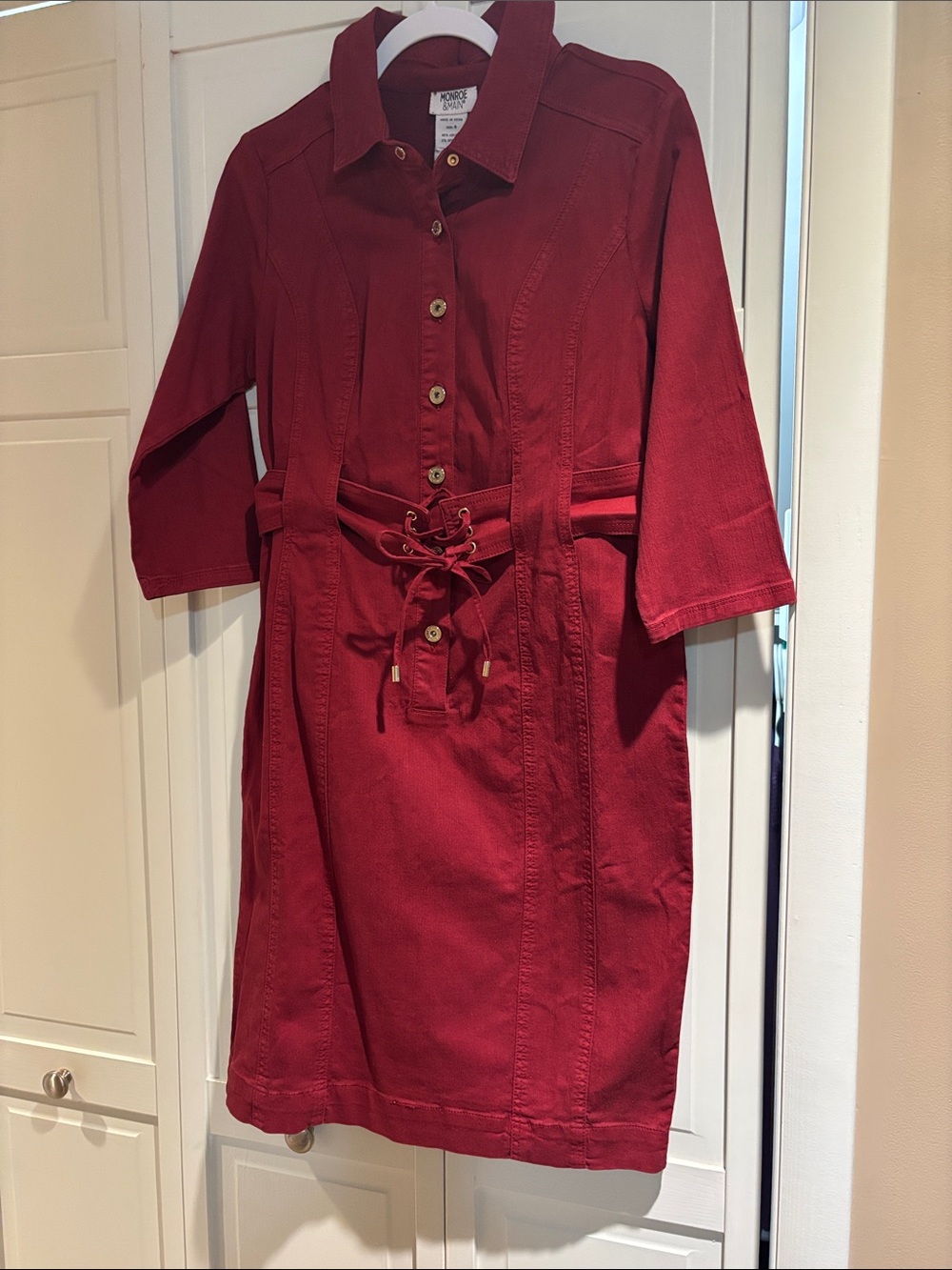 Monroe & Main Red Lace-Up Shirt Midi Dress